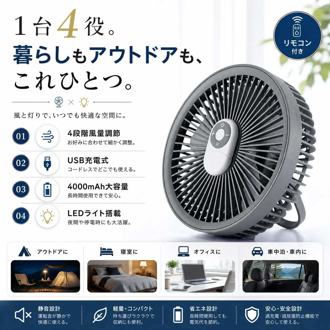 AeroLume™｜LED付き携帯扇風機（車内・アウトドア・キャンプ対応）